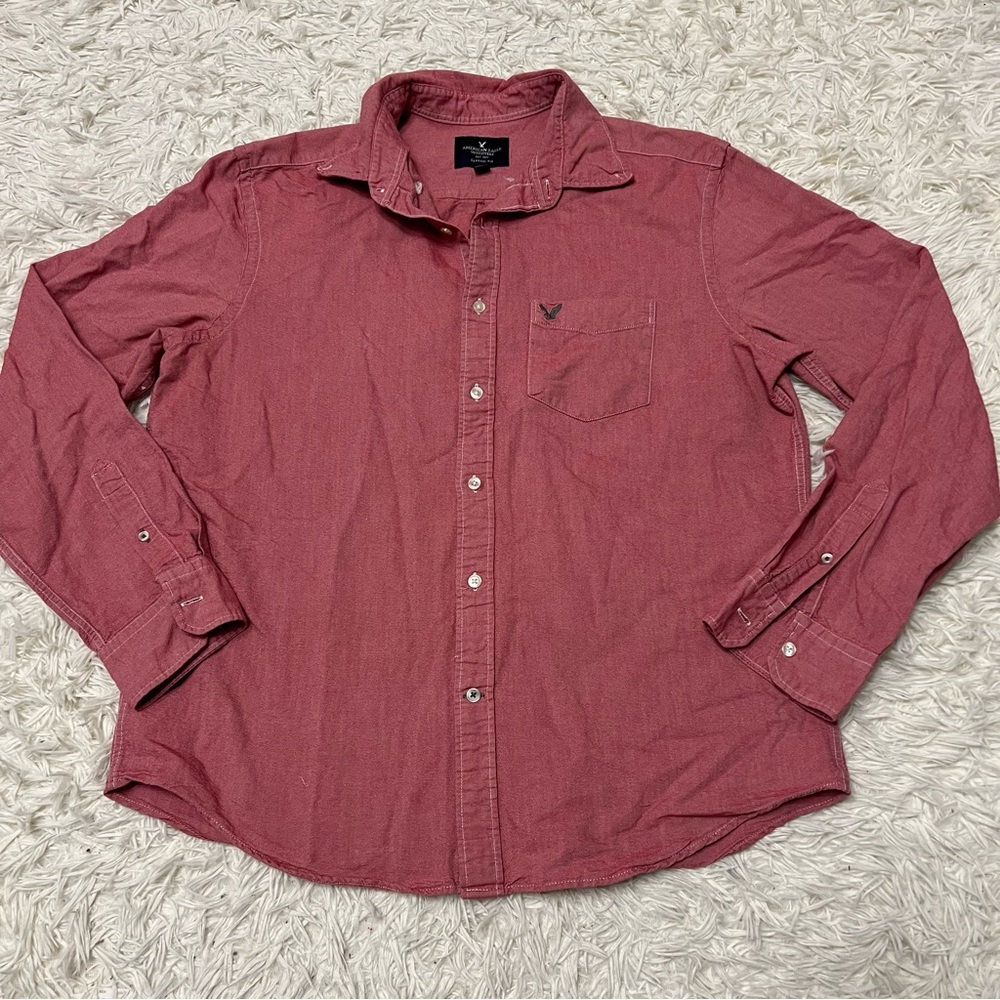 American Eagle Shirt Men’s Large Red Long Sleeve Button Up Preppy Casual perfect